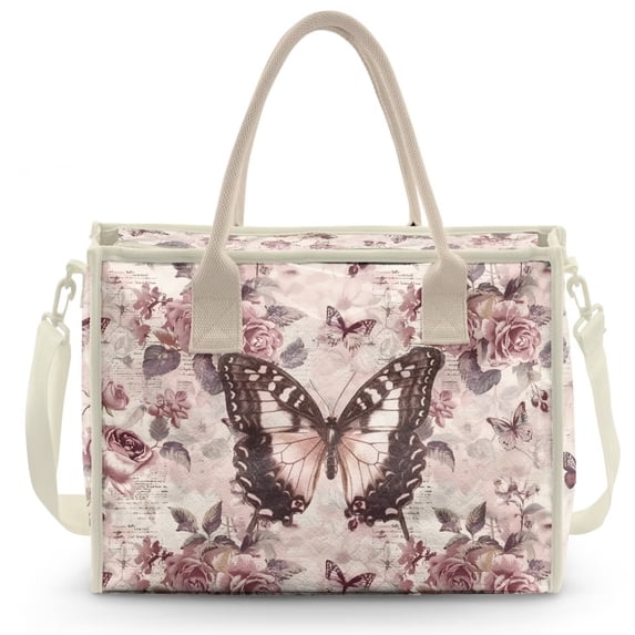 ZUXONGSY Vintage Butterfly Rose Print Clear PVC Tote Bag, Waterproof Large Oversize Shoulder Shopper with Zipper, Spacious Daily Carryall for Work Commute, Beach and Travel Use