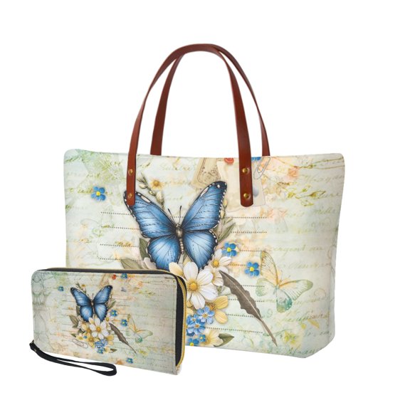 ZUXONGSY Vintage Daisy Flower Butterfly Print Handbag with Matching Wallet for Women Large Top Handle Satchel Portable Shoulder Bag Top Handles Work Bag with Slim Wallet for Hiking Tours Shopping