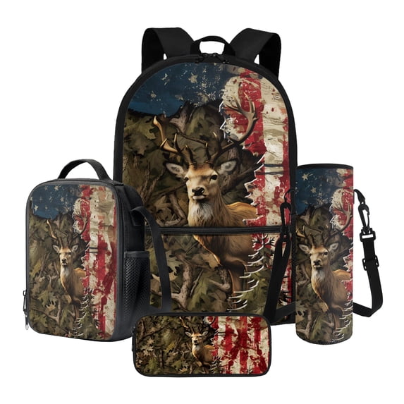 ZUXONGSY Vintage Moose American Flag Print School Backpack Set for Boys Girls 4 Pack Lightweight Bookbag Travel Daypack with Lunch Bag Pencil Case and Water Bottle Holder for Kids Teens