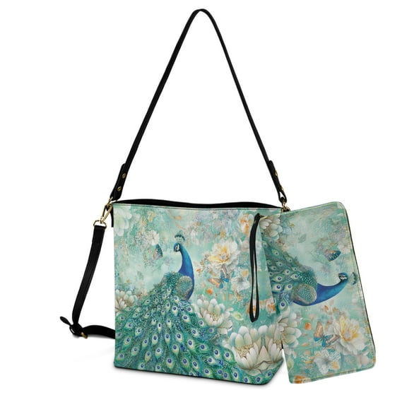 ZUXONGSY Vintage Peacock Lotus Print Large Leather Crossbody Handbag with Wrist Wallet for Women, Waterproof Bucket Bag Purse and Wallet Set for Shopping Working