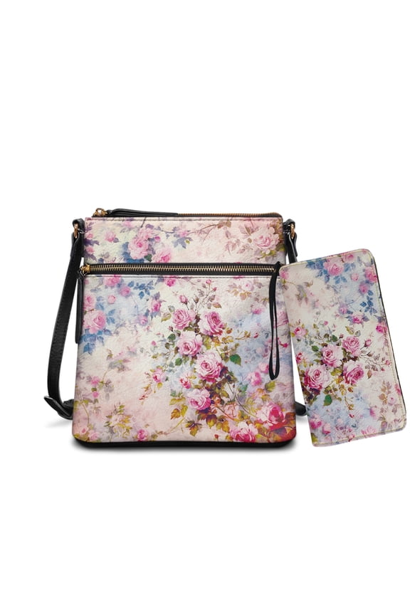 Vintage Rose Print Women's PU Leather Crossbody Hobo Bag & Matching Wallet Set, Large Multi-Pocket Shoulder Purse - Adjustable Strap, Waterproof, Lightweight for Travel and Everyday Use
