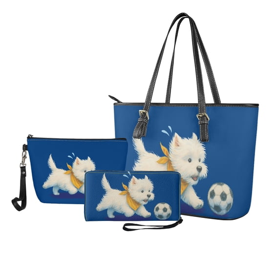 ZUXONGSY West Highland Terrier Print Tote Bag with Portable Cosmetic Bags Purse for Women PU Leather Top Handle Satchel Set with Waterproof Travel Toiletry Bag Credit Card Holder Wallet for Workout