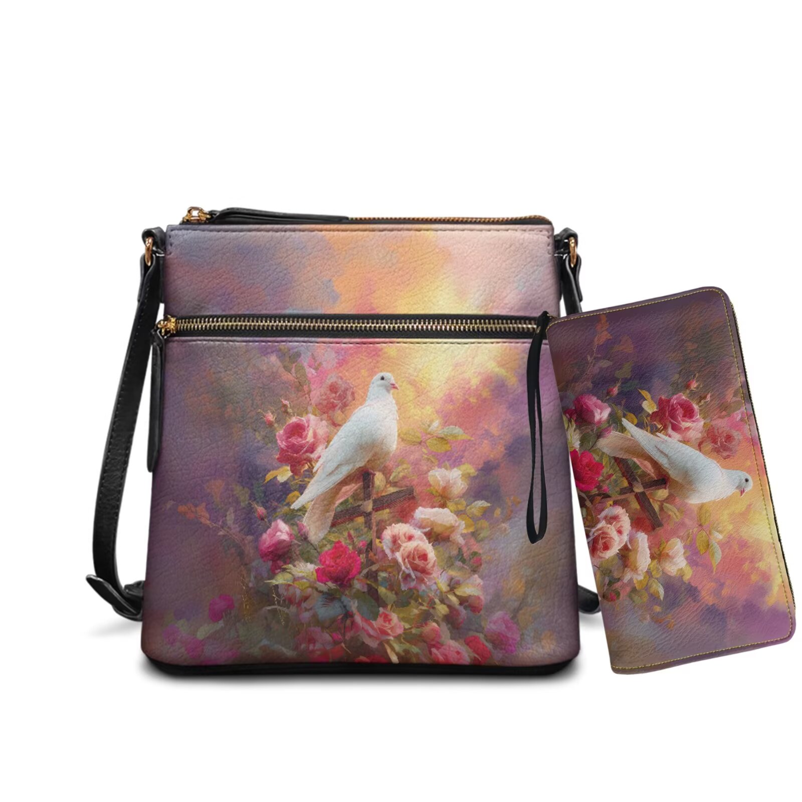 ZUXONGSY White Dove Cross Rosette Print Stylish PU Leather Crossbody Purse & Wallet Set for Women, Large Satchel Handbag with Adjustable Strap for Travel & Work for Daily Use