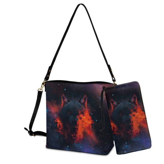 ZUXONGSY Wolf Cloud Galaxy Print Crossbody Hobo Bag with Wallet Set for Women Trendy Leather Crossbody Handbag with Wrist Wallet Waterproof Bucket Purse and Wallet Set for Business