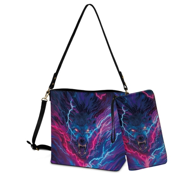 ZUXONGSY Wolf Cloud Lightning Galaxy Print Trendy Bucket Bag Purse and Wallet Set for Women, Lightweight Crossbody Handbag with Leather Wallet for Shopping Working