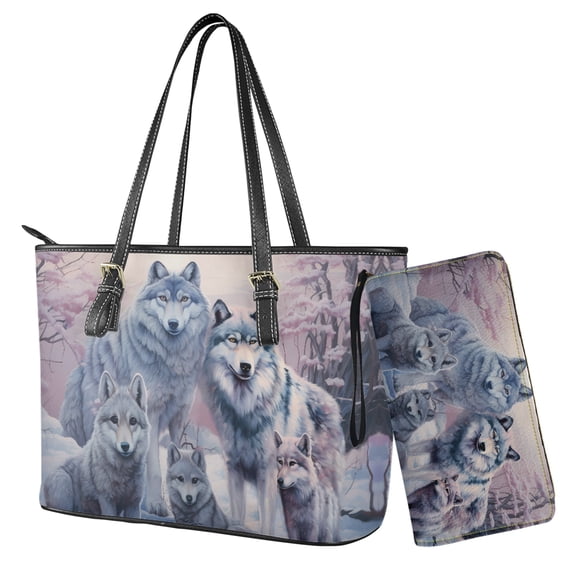 ZUXONGSY Wolf Forest Print Womens Handbag Wallet Set Leather Satchel Purse Handbag with Wristlet Wallet Top Handle Handbag for Ladies