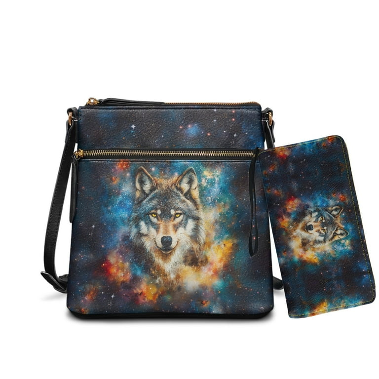 ZUXONGSY Wolf Galaxy Print Leather Crossbody Hobo Bag and Wallet