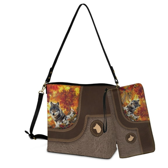 ZUXONGSY Wolf Maple Leaf Print Crossbody Hobo Bag with Wallet Set for Women Waterproof Crossbody Handbag with Leather Wallet Fashion Bucket Bag Tote Purse Set for Travel