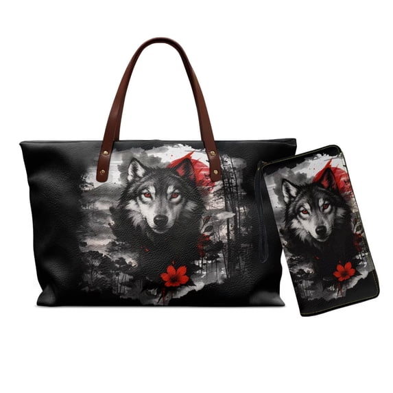 ZUXONGSY Wolf Moon Flower Print Top Handle Bag with Purse Set for Ladies Girls Large Capacity Top Handle Satchel and Wallet Set with Zippered Tote Handbag for Shopping Travel, 2 Pcs