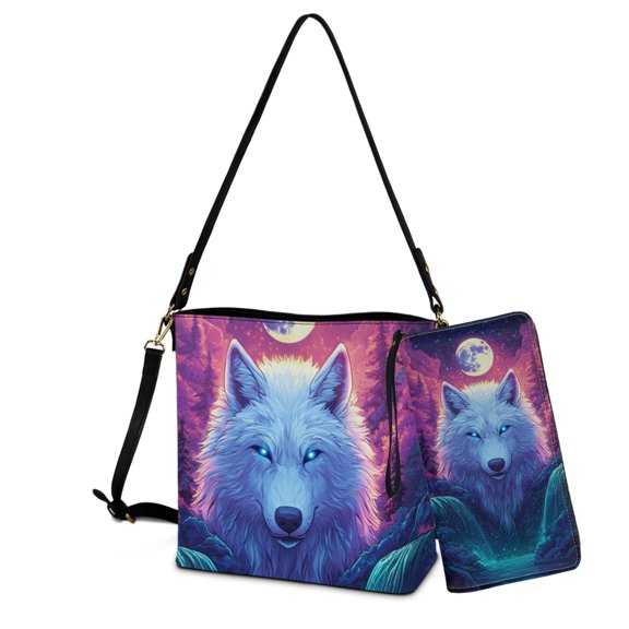 ZUXONGSY Wolf Moon Forest Print Leather Crossbody Handbag with Wrist Wallet for Women Waterproof Top-Handle Handbags with Purse Fashion Crossbody Hobo Bag with Wallet Set for Workout