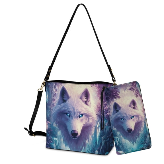 ZUXONGSY Wolf Print Bucket Crossbody Bag Set for Women Lightweight Crossbody Handbag with Leather Wallet Trendy Bucket Purse and Wallet Set for Business