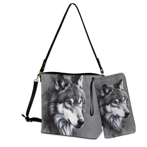 ZUXONGSY Wolf Print Womens Bucket Crossbody Bag Set Leather Crossbody Handbag with Wrist Wallet for Shopping Travel
