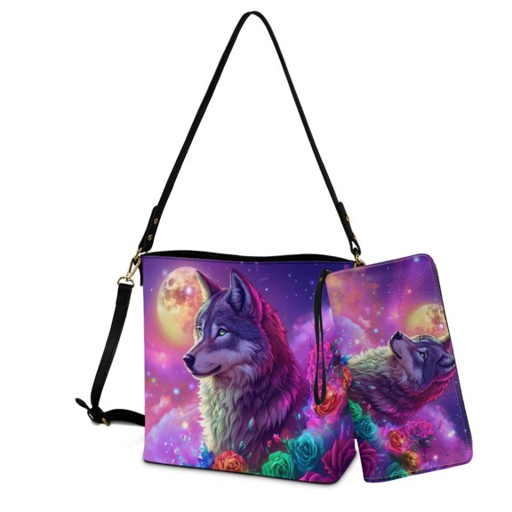 ZUXONGSY Wolf Rose Moon Print Bucket Bag Tote Purse Set for Women Casual Top-Handle Handbags with Purse Large Leather Crossbody Handbag with Wrist Wallet for Travel