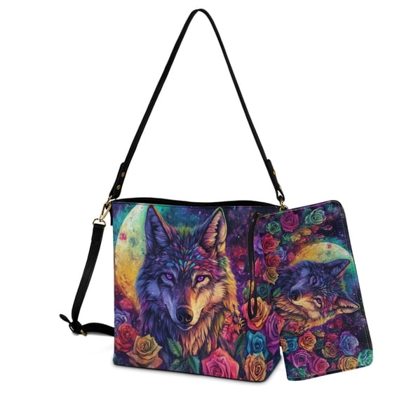 ZUXONGSY Wolf Rose Moon Print Bucket Handbag Wallet Set for Women Lady, Large Hobo Bag Satchel Purse Tote Bag Top Handle Purse with Leather Wallet for Travel Shopping