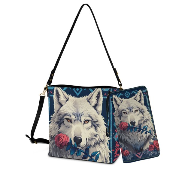 ZUXONGSY Wolf Rose Print Crossbody Handbag with Leather Wallet for Women Multipurpose Bucket Bag Tote Purse Set Waterproof Top-Handle Handbags with Purse for Dating