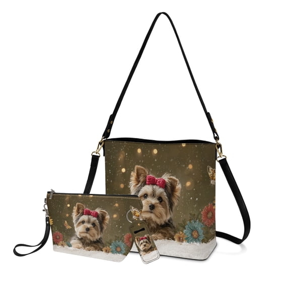 ZUXONGSY Yorkshire Terrier Daisy Print Top-Handle Handbags with Multifunctional Makeup Pouch and Keychain Holder for Women Crossbody Hobo Bag Set with Cosmetic Pouch Purse Chapstick Pouch