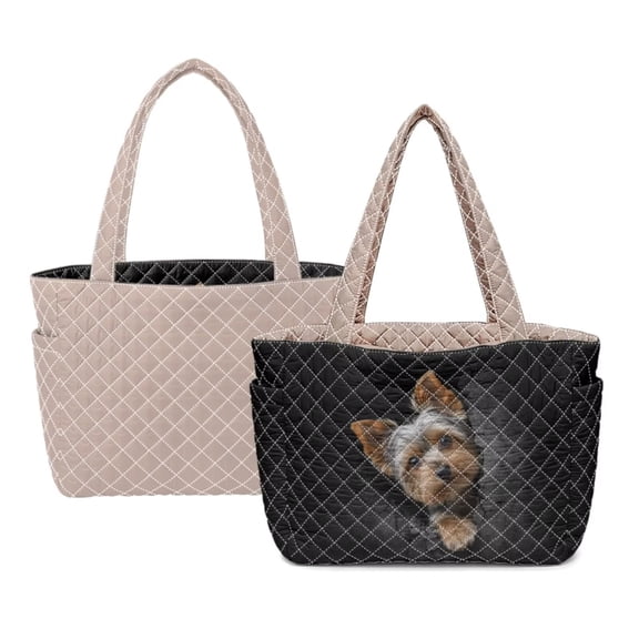 ZUXONGSY Yorkshire Terrier Print Classic Quilted Satchel Handbag for Women, Reversible Tote with Multi-Pocket, Large Capacity Lightweight Top Handle Shoulder Bag for Daily Use, Camel