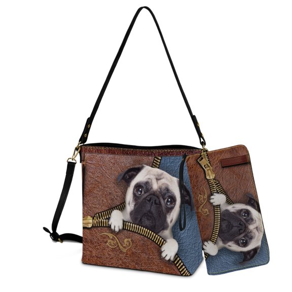 ZUXONGSY Zipper Pug Print Trendy 2 Pcs Bucket Bag Purse Set for Women, Lightweight Leather Crossbody Handbag with Wrist Wallet for Dating Business