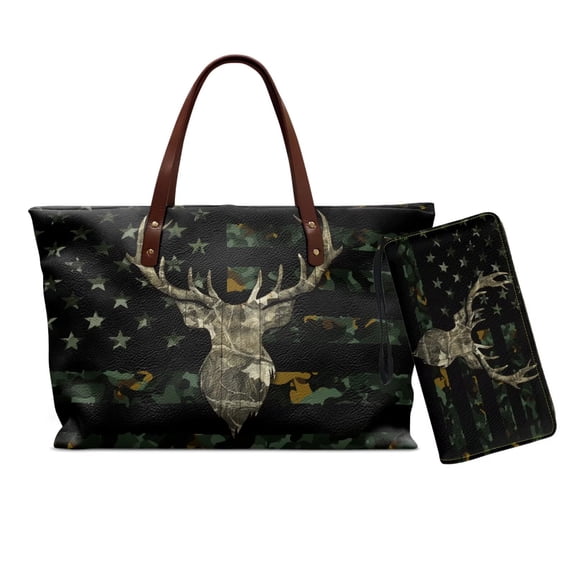 ZUXONGSYAmerican Flag Deer Print Handbag and Wallet Set Camo Print Top Handle Handbags Zippered Wristlet Wallet Shoulder Tote Bag with Inner Pocket for Travel Shopping, 2 Pieces