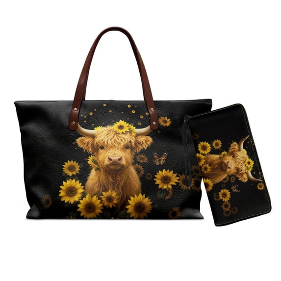 ZUXONGSYHighland Cow Sunflower Print Handbag with Matching Wallet for Women Portable Top Handles Work Bag Tote Bag Wallet, Lightweight Top Handle Tote Bag Slim Wallet for Shopping Travel