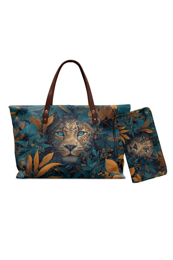 ZUXONGSYLeopard Leaf Print Top Handle Handbag Set with Wristlet Wallet Pu Leather Wallet and Purse Set Lightweight Shoulder Bag with Matching Clutch for Travel