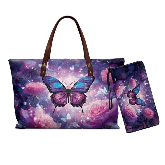 ZUXONGSYRose Butterfly Galaxy Print Handbag with Matching Wallet for Women Large Top Handles Shoulder Bag Work Bag Credit Card Holder Wallet for Shopping Work Business