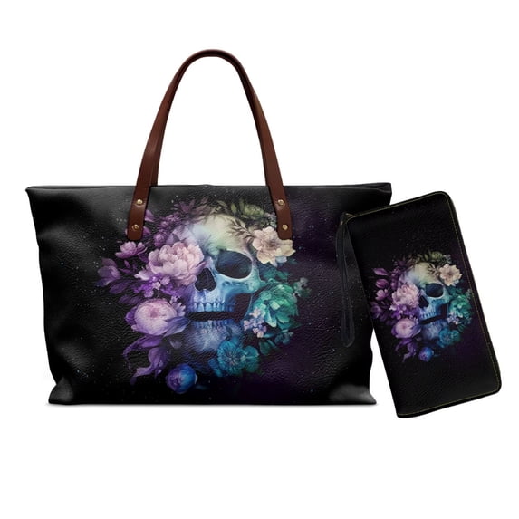 ZUXONGSYSkull Rose Print Handbag with Matching Wallet for Women Portable Top Handles Work Bag Tote Bag Wallet, Lightweight Top Handle Tote Bag Slim Wallet for Shopping Travel