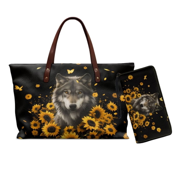 ZUXONGSYWolf Sunflower Print Handbag with Matching Wallet for Women Lightweight Top Handle Satchel with Pu Leather Cash Wallet for Excursions Hiking Shopping