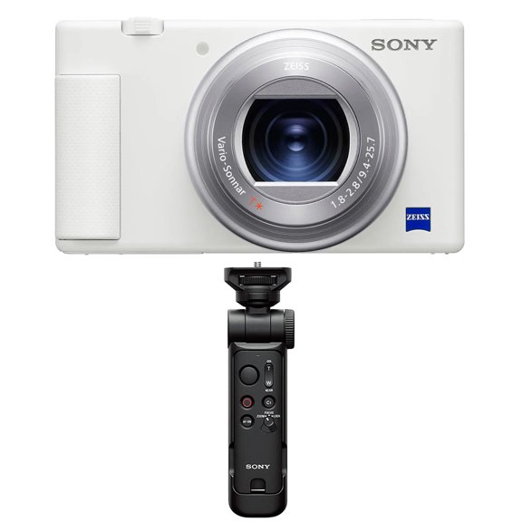 Sony ZV-1 Compact 4K HD Camera, White - With Sony ACCVC1 Vlogger Accessory Kit with Wireless Bluetooth Grip / Tripod (GP-VPT2 BT) and 64GB UHS-II SD Card (SF-E64/T1)