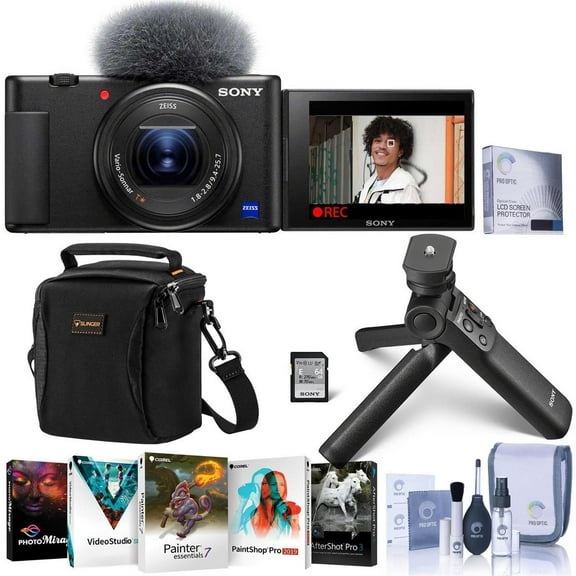 Sony ZV-1 Compact 4K HD Digital Camera, Black, Bundle with GP-VPT3 Shooting Grip, PC Software Pack, Shoulder Bag, Screen Protector, Cleaning Kit