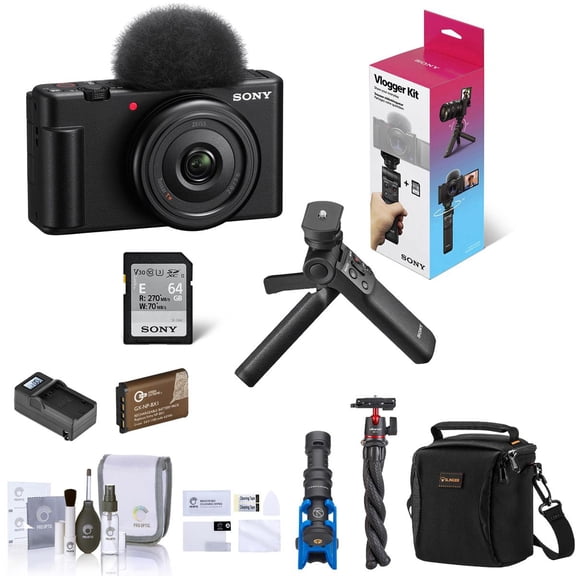 Sony ZV-1F Vlogging Camera, Black, Bundle w/GP-VPT3 Shooting Grip, Shotgun Mic, Tripod, Shoulder Bag, Battery, Charger, Screen Protector, Cleaning Kit