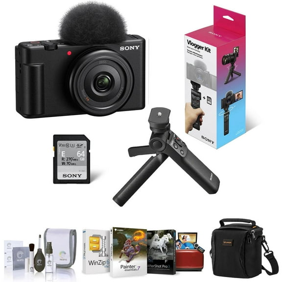 Sony ZV-1F Vlogging Camera, Black, Bundle with GP-VPT3 Shooting Grip, Corel Mac Software Kit, Shoulder Bag, Cleaning Kit