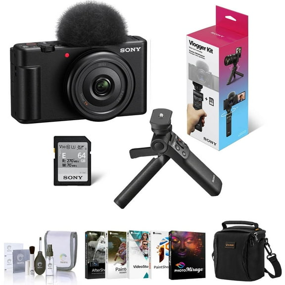 Sony ZV-1F Vlogging Camera, Black, Bundle with GP-VPT3 Shooting Grip, Corel PC Software Kit, Shoulder Bag, Cleaning Kit