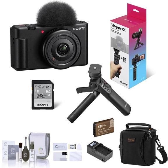 Sony ZV-1F Vlogging Camera, Black, Bundle with GP-VPT3 Shooting Grip, Shoulder Bag, Extra Battery, Charger, Screen Protector, Cleaning Kit