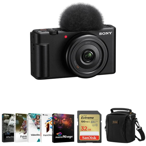 Sony ZV-1F Vlogging Camera, Black Bundle with Corel PC Software Kit, 32GB SD Card, Shoulder Bag