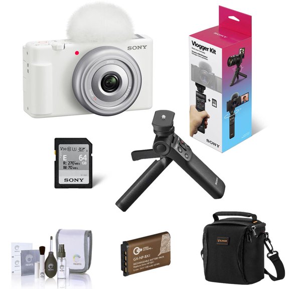 Sony ZV-1F Vlogging Camera, White, Bundle with GP-VPT3 Shooting Grip and Tripod with Remote, Extra Battery, Shoulder Bag, Cleaning Kit