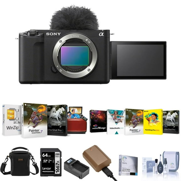 Sony Sony ZV-E1 Full Frame Mirrorless Vlog Camera, Black - Bundle with Shoulder Bag, 64GB SD Card, Extra Battery, Charger, Cleaning Kit, Corel Mac Software Kit, Corel PC Software Kit, Screen