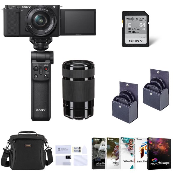 ZV-E10 Mirrorless Camera with 16-50mm & E 55-210mm f/4.5-6.3 OSS E-Mount Lens, Black Bundle with Vlogger Kit, Photo & Video Editing, Bag, Screen Protector, 2x Filter Kit