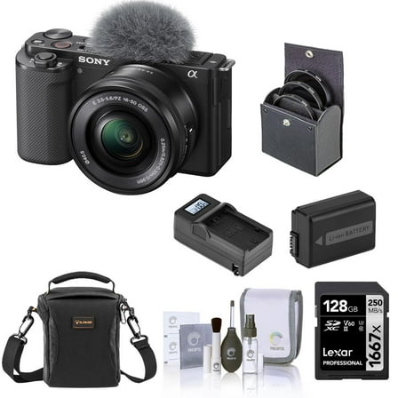 Sony Sony ZV-E10 Mirrorless Vlog Camera with 16-50mm Lens, Black - Bundle with 128GB SD Card, Shoulder Bag, Extra Battery, Charger, 40.5mm Filter Kit, Cleaning Kit