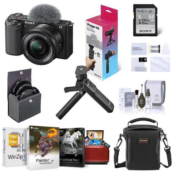 Sony ZV-E10 Mirrorless Camera with 16-50mm Lens, Bundle, Vlogger Accessory Kit, Shoulder Bag, Screen Protector, 40.5mm Filters, Software Kit for MAC, Cleaning Kit for Sony Digital Camera (7