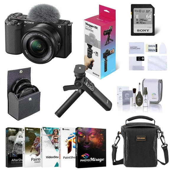 Sony ZV-E10 Mirrorless Camera with 16-50mm Lens, Bundle, Vlogger Accessory Kit, Shoulder Bag, Screen Protector, 40.5mm Filters, Software Kit for PC, Cleaning Kit for Sony Digital Camera (7