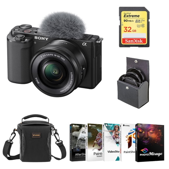 Sony ZV-E10 Mirrorless Camera with 16-50mm Lens, Black Bundle with PC Photo & Video Editing Software Suite, 32GB SD Memory Card, Shoulder Bag, 40.5mm Filter Kit