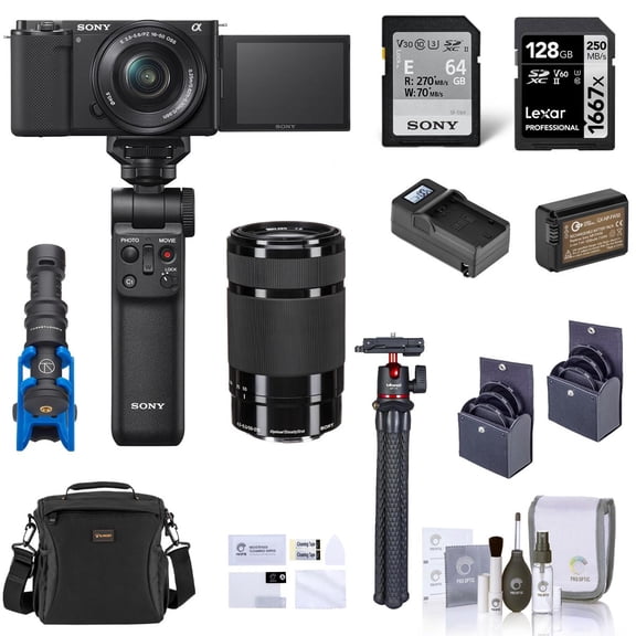 Sony ZV-E10 Mirrorless Vlog Camera with 16-50mm Lens, Black - Bundle with E 55-210mm f/4.5-6.3 OSS Lens, Vlogger Accessory Kit, 128GB SD Card, Shoulder Bag, Screen Protector, Mic, and More (14 Items)