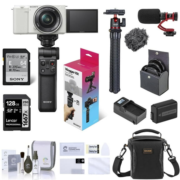 Sony ZV-E10 Mirrorless Vlog Camera with 16-50mm Lens, White - Bundle with Vlogger Kit, 128GB SD Card, Shoulder Bag, Screen Protector, Mic, Tripod, Extra Battery, Charger, 40.5mm Filters, Cleaning Kit