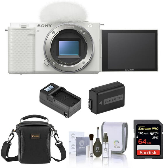 Sony Sony ZV-E10 APS-C Mirrorless Interchangeable Lens Vlogging Camera, White - Bundle with 64GB SD Card, Shoulder Bag, Extra Battery, Charger, Cleaning Kit