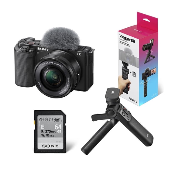 Sony Sony ZV-E10 Mirrorless Camera with Lens, E PZ 16-50mm f/3.5-5.6 OSS Lens, Bundled with Sony ACCVC1 Vlogger Accessory Kit with Shooting Grip & 64GB UHS-II SDXC Card