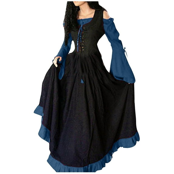 ZVAVZ 18Th Century Medieval Dress for Women Wedding Guest Vintage Trumpet Sleeve Velvet Dresses Lace Up Corset Dress Costumes Southern Belle Ball Gown Blue,4XL