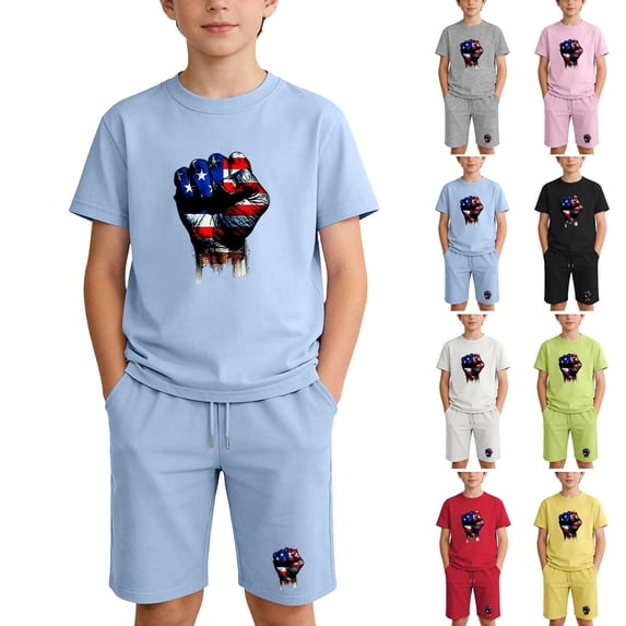 ZVAVZ 2 Piece Patrotic Outfits Boys Girls Cotton T-shirt and Shorts Set 4th of July Clothing Sets Independence Day Sweatsuit Set Gray 9 Years