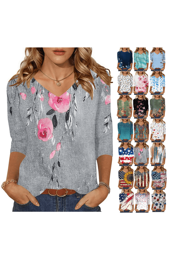 2025 Summer Tops for Women, Womens Summer 3/4 Sleeve T Shirt Three Quarter Sleeve Top for Womens Lightweight Round Neck Loose Fit Tee Blouse Sequin Tops for Women Party 3/4 Sleeve V Neck