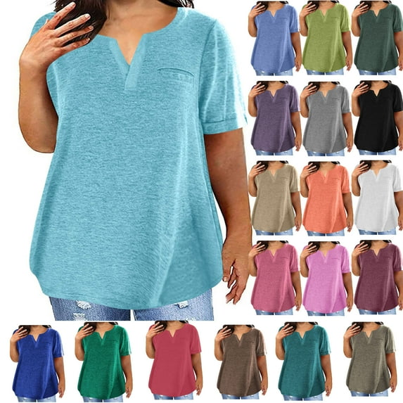 ZVAVZ 2025 Womens Tops Dressy Casual Summer Tops Plus Size Short Sleeve Shirts Workout Going Out Blouses Solid Color Spring Tops